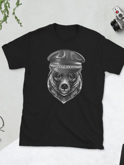 Leather Hat Bear Print Short Sleeve T-Shirt